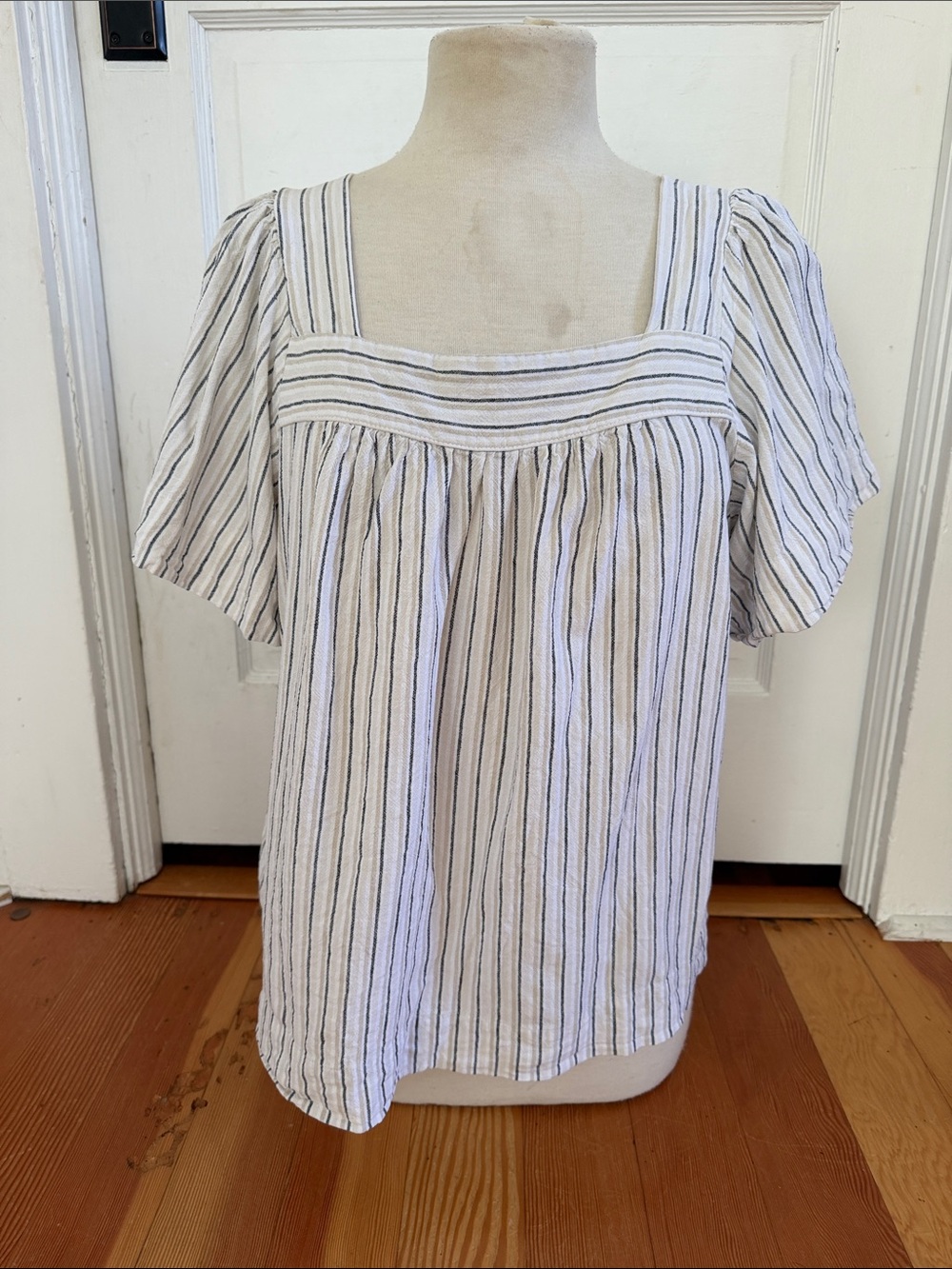 Eco Threads Cream Stripe Linen Blend Top